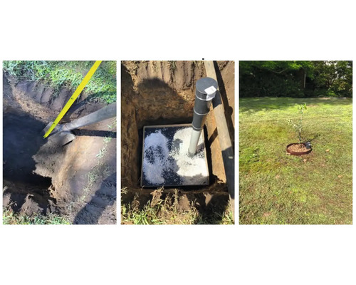 Driedelige afbeelding: Drainagebuis in een greppel, controleput in de tuin, jonge boom in de tuin.