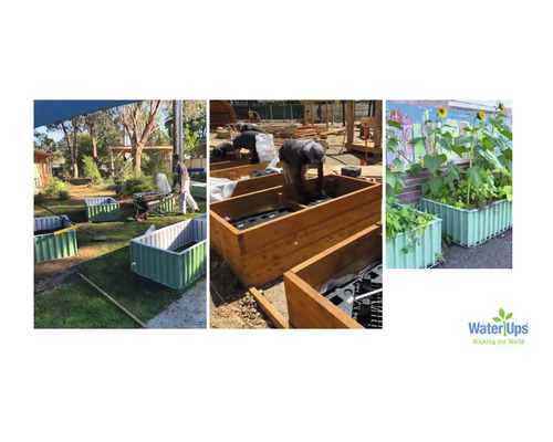 Houten en metalen tuinbedden in aanbouw met beplanting