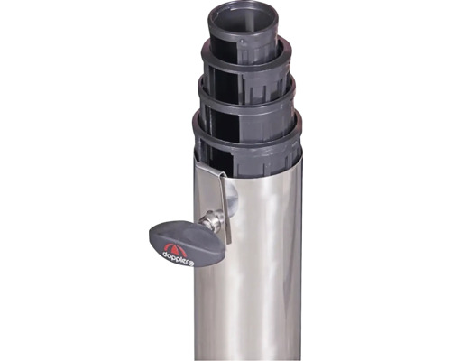 Doppler-logo op de draaiknop van een roestvrijstalen parasolvoet