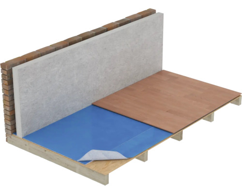 Hoek van de kamer met parketvloer, isolerende onderlaag en wandopbouw