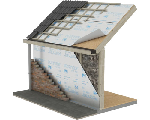 Doorsnede van een gebouw met dakpannen, latten, isolatie en metselwerk