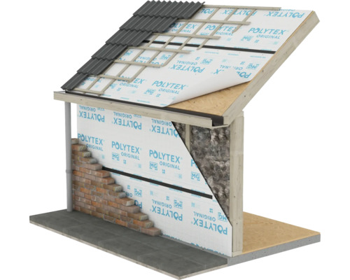 Doorsnede van een dak en muur van een huis met isolatie en bakstenen