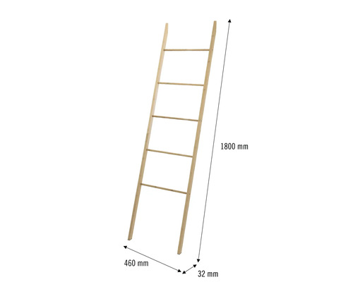Houten ladder met zes sporten en de afmetingen 1800 mm hoogte, 460 mm breedte en 32 mm diepte.
