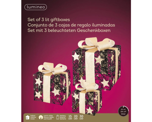 Set van drie verlichte geschenkdozen met sterren en strikken, werkt op batterijen