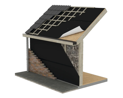 Doorsnede van een gebouw met bakstenen muren, thermische isolatie en dakconstructie