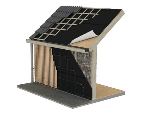 Dwarsdoorsnede van een huismuur met dakisolatie, houten bekleding en dakbedekking