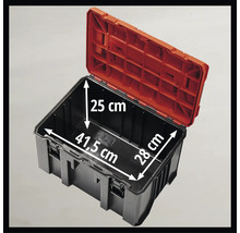 Geopende gereedschapskist met afmetingen 41,5 cm x 28 cm x 25 cm