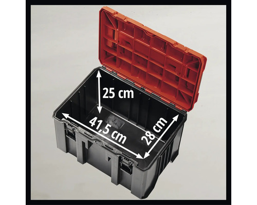 Geopende gereedschapskist met afmetingen 41,5 cm x 28 cm x 25 cm