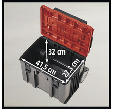 Geopende gereedschapskist met de afmetingen 41,5 cm lengte, 27,3 cm breedte en 32 cm hoogte.