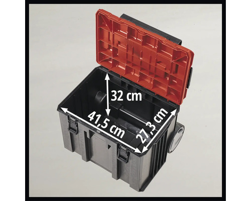 Geopende gereedschapskist met de afmetingen 41,5 cm lengte, 27,3 cm breedte en 32 cm hoogte.