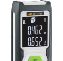 Laserliner logo. Weergave van een laser afstandsmeter met meetwaarden.