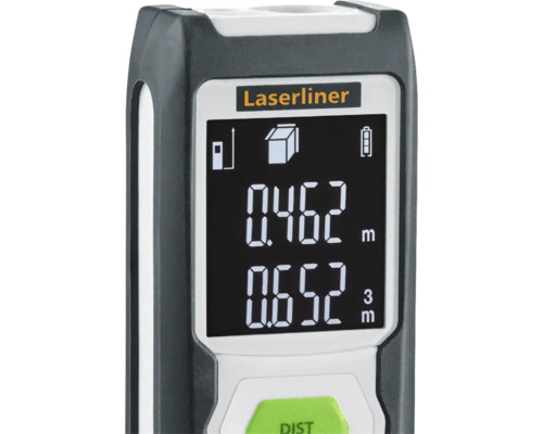 Laserliner logo. Weergave van een laser afstandsmeter met meetwaarden.