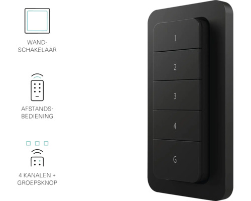 Wandschakelaar met vier kanalen en groepsknop voor afstandsbediening