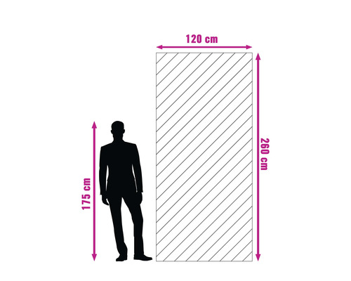 Illustratie van een paneel met afmetingen van 120 bij 260 centimeter naast een persoon van 175 centimeter.