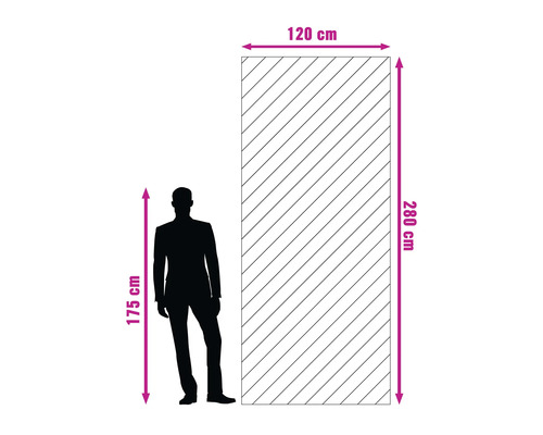 Afbeelding van een deur met de afmetingen 120 bij 280 centimeter en een persoon van 175 centimeter ernaast.