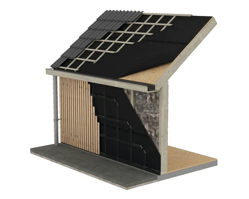 Dwarsdoorsnede van een huisdak en een huismuur met isolatie en dakbedekking