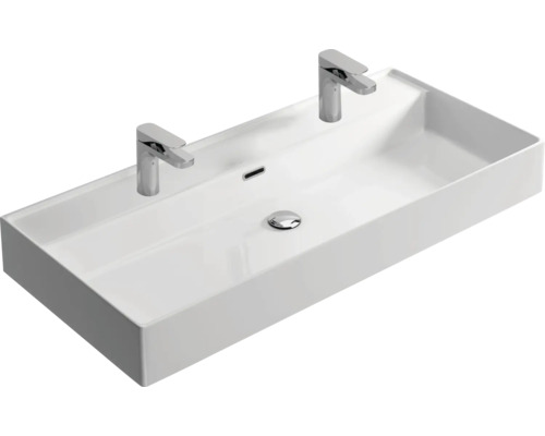 Keramische dubbele wastafel met twee kranen