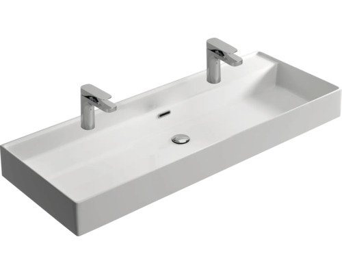 Rechthoekige dubbele wastafel van keramiek met twee kranen