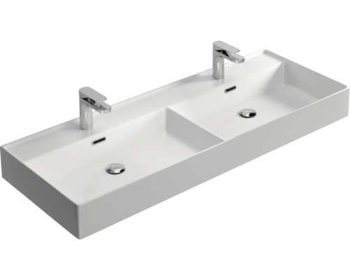 Dubbele wastafel van keramiek met twee kranen