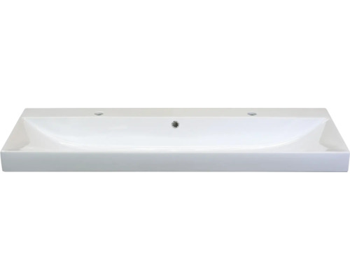 Rechthoekige wastafel van keramiek met twee kraangaten