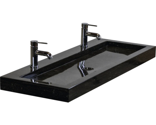 Rechthoekige dubbele wastafel van graniet met twee kranen