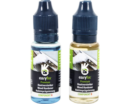 Twee flessen houtverhardercomponenten A en B