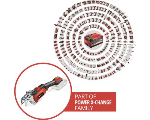 Einhell Power X-Change accu familie met takkenzaag en accu in het midden