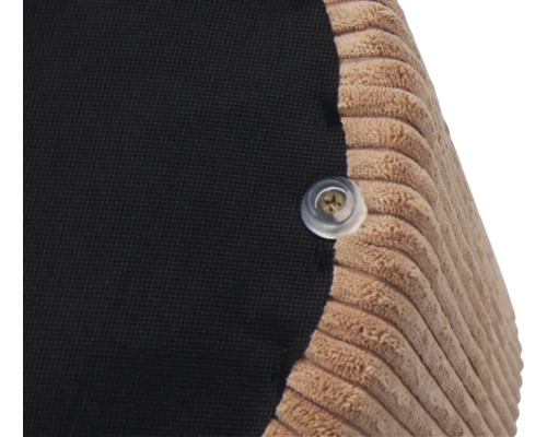 Detail van een meubelstuk met ribstof en knoop