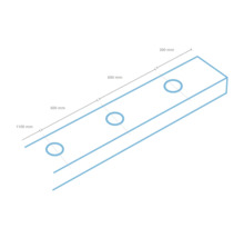 Technische tekening van een houten balk met drie ronde uitsparingen en maataanduidingen.