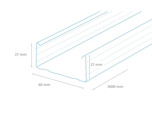 Aluminium U-profiel met afmetingen van 27 mm, 60 mm en 3000 mm.