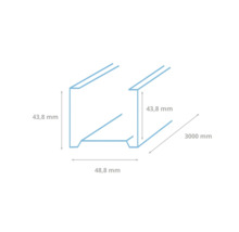 Afmetingen van een gipsplaatprofiel met de afmetingen 43,8 millimeter, 48,8 millimeter en 3000 millimeter.
