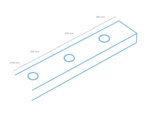 Afbeelding van een plank met drie gaten en de afmetingen 2100 mm, 600 mm en 300 mm.