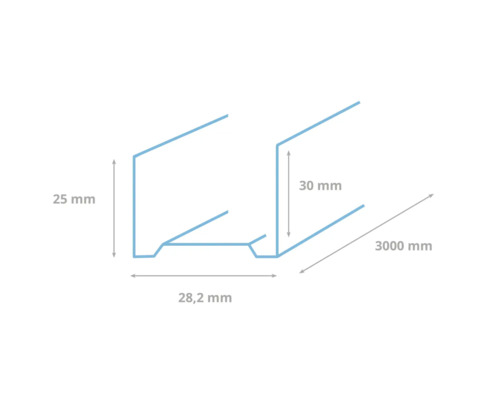 Aluminium profiel met afmetingen 25 mm, 30 mm, 28,2 mm en 3000 mm