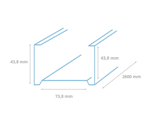 Technische tekening van een metalen profiel met afmetingen: 43,8 mm, 73,8 mm en 2600 mm.