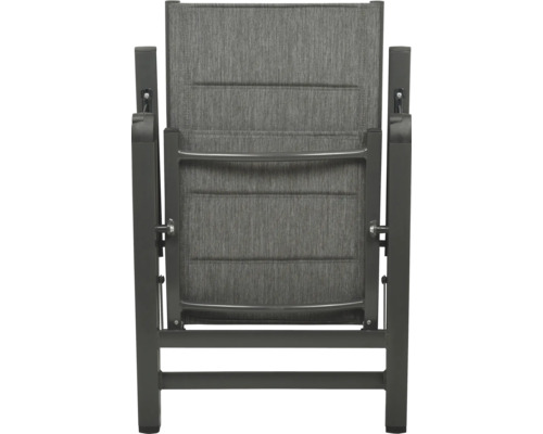 Tuinstoel met armleuningen en textielbekleding vanaf de achterkant