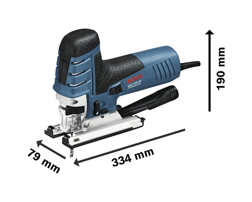 Bosch decoupeerzaag met afmetingen van 334 mm lengte, 79 mm breedte en 190 mm hoogte.