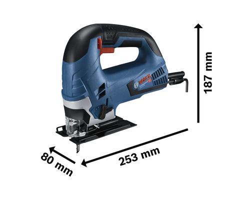 Bosch decoupeerzaag met afmetingen: 187 mm hoogte, 80 mm breedte en 253 mm lengte
