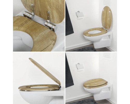 Collage van een wit toilet met een toiletbril in houtlook.