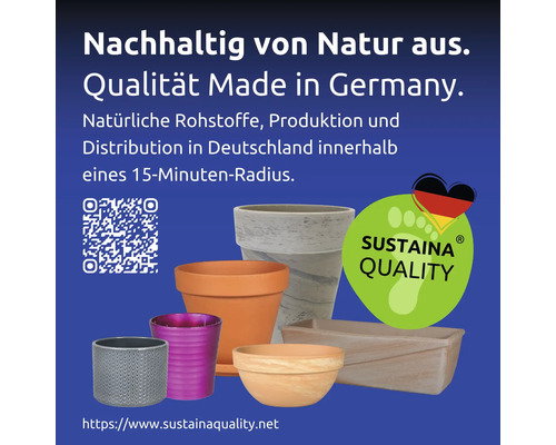 Verschillende plantenbakken met de vermelding duurzaamheid en kwaliteit Made in Germany
