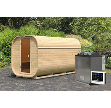 Vatvormige sauna met saunakachel en bedieningspaneel voor de tuin