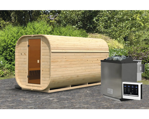 Vatvormige sauna met saunakachel en bedieningspaneel voor de tuin