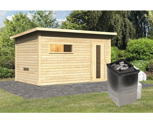 Houten sauna met raam, deur en saunakachel in de tuin