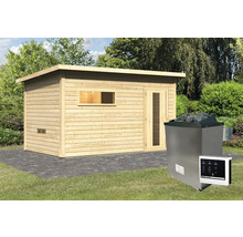 Houten sauna met saunakachel en bediening buiten