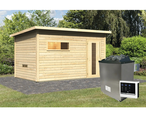 Houten sauna met saunakachel en bediening buiten