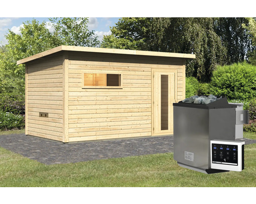 Houten sauna met kachel en bediening