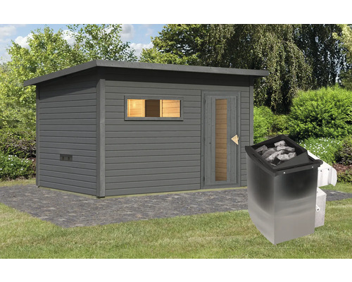 Houten blokhutsauna met saunakachel in de tuin