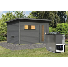 Moderne tuinsauna van hout met saunaoven en bediening buitenshuis.