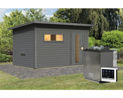 Moderne tuinsauna van hout met saunaoven en bediening buitenshuis.