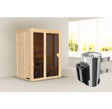 Houten sauna met glazen deur en saunakachel