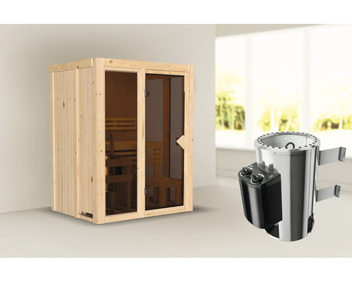 Houten sauna met glazen deur en saunakachel